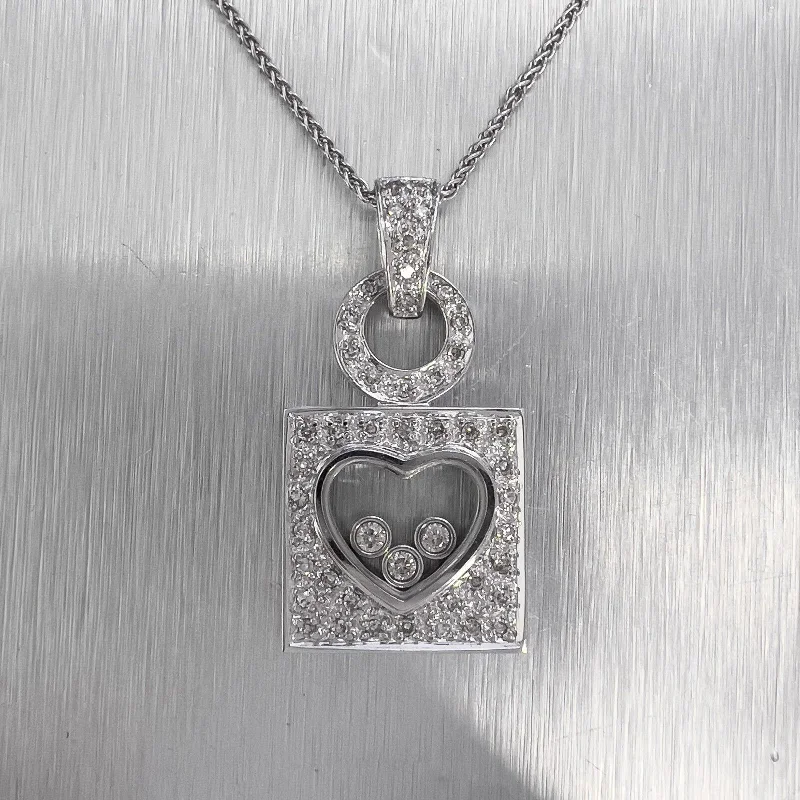 14k White Gold 3 Floating Diamond Pave Heart Square Necklace 0.35ctw 18"