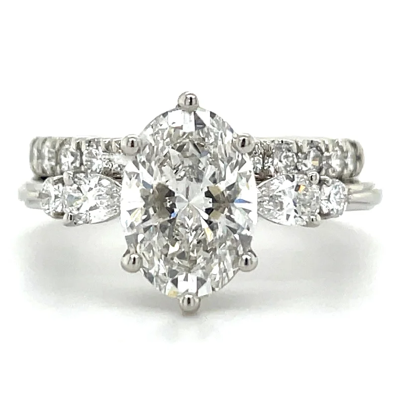 Alexa - Platinum 2.33ct Laboratory Grown Six Claw Oval Diamond Engagement Ring With Side Stones & 0.47ct Castel Set Band