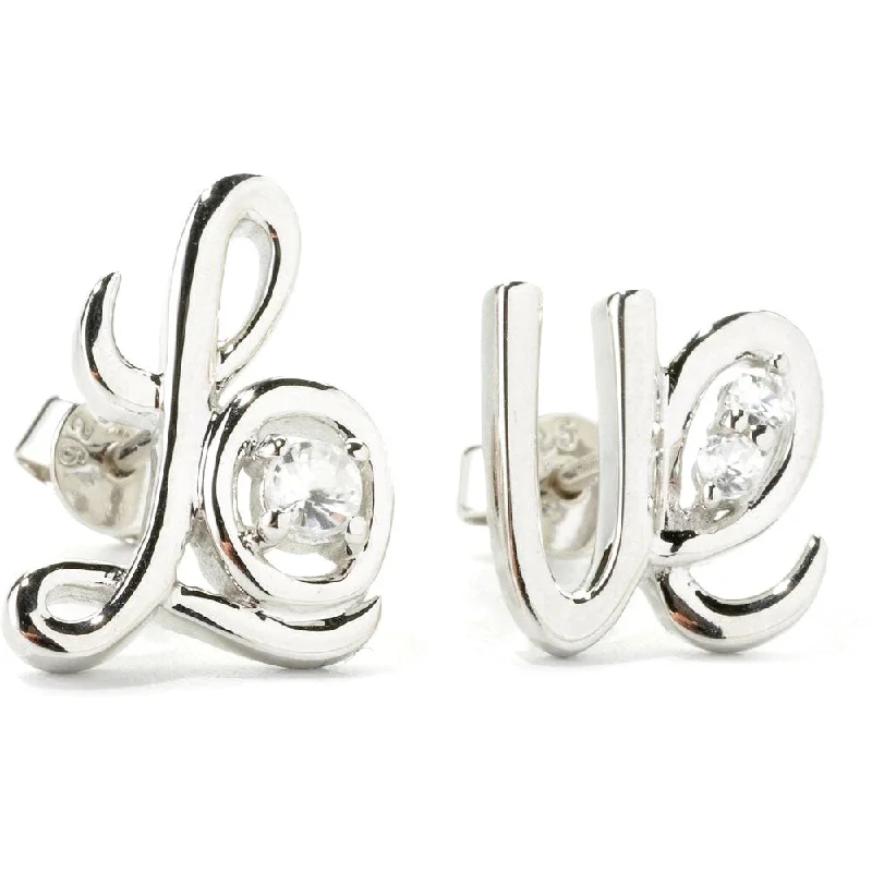 Sterling Silver White Zircon Cursive 'Love' Stud Earrings