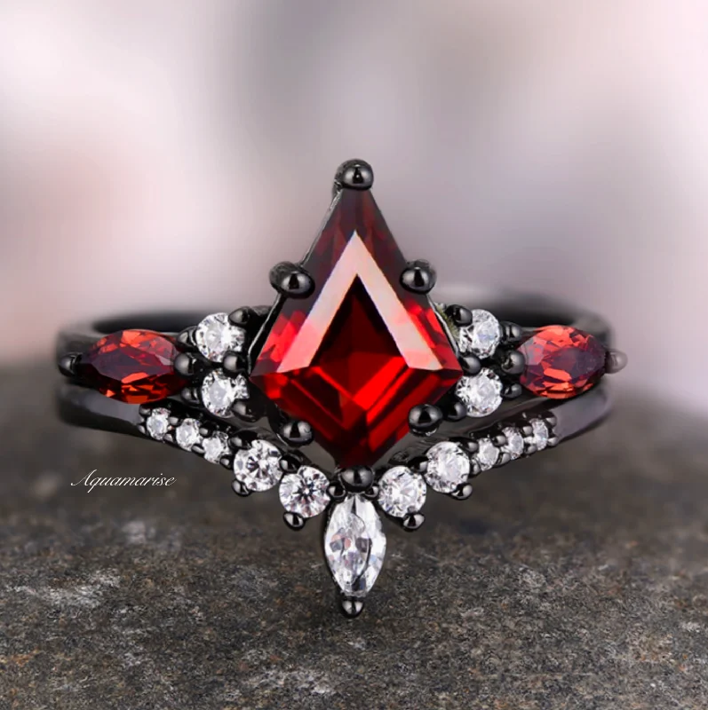 Skye Kite™  Natural Red Garnet Kite Engagement Ring Set- Black Rhodium Filled