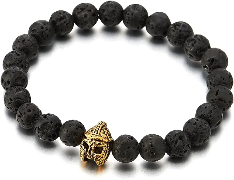 9MM Black Volcanic Lava Stone Men Women Stretchable Beads Bracelet, Gold Color Warrior Mask Charm