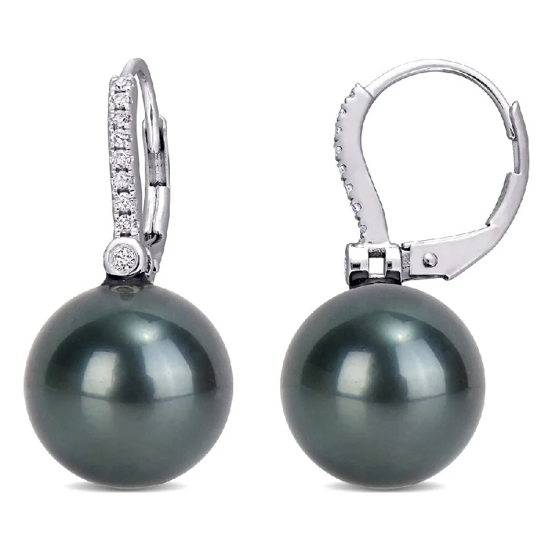 Miadora 10k White Gold Tahitian Cultured Pearl and 1/8ct TDW Diamond Earrings (11-12 MM)