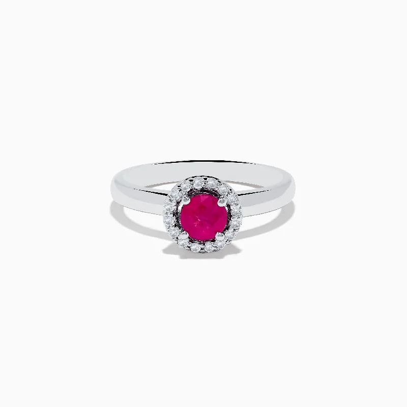 14K White Gold Round Diamond Halo Ruby Ring, 0.69 TCW